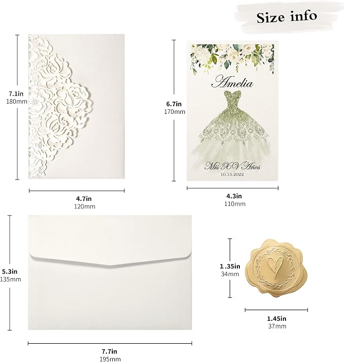 DORIS HOME 50Pcs Personalized Laser Cut Quinceanera Invitations, Ivory | 4.7"x7.1", Customized Quince Invitations, For 15th Birthday, Sweet 16, With Envelopes