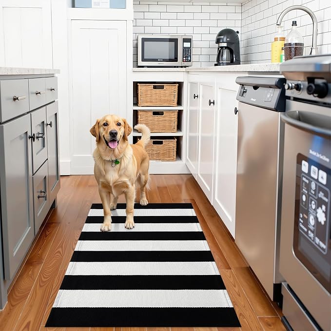 OLANLY Black and White Striped Rug 2' x 4'3" (24" x 51") – Washable Cotton Indoor Outdoor Doormat for Front Door, Entryway, Kitchen, Porch, Patio Decor