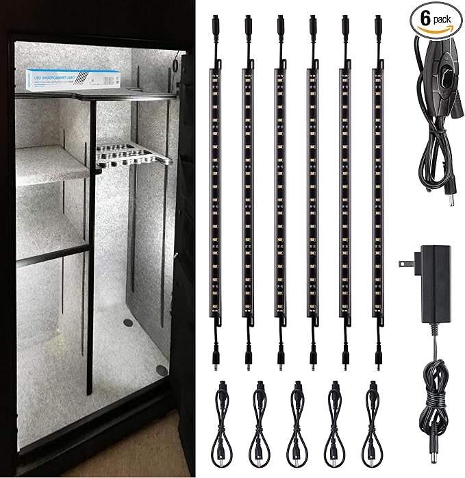 TORCHSTAR 6pcs 12 Inch LED Safe Lighting Kit, Rocker Switch, 5000K | UL Power Adapter, Input 100-240V, Linkable Gun Safe Light Bars, 900LM, for Under Cabinet Locker Closet Showcase, Daylight