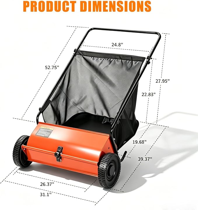 Push Lawn Sweeper, 26 in Grass Sweeper Leaf Collector with 7 Cu.ft Mesh Bag, Yard Sweeper with Adjustable Brush Height and 4 Spinning Brushes for Cleanup, Lawn Care Equipment