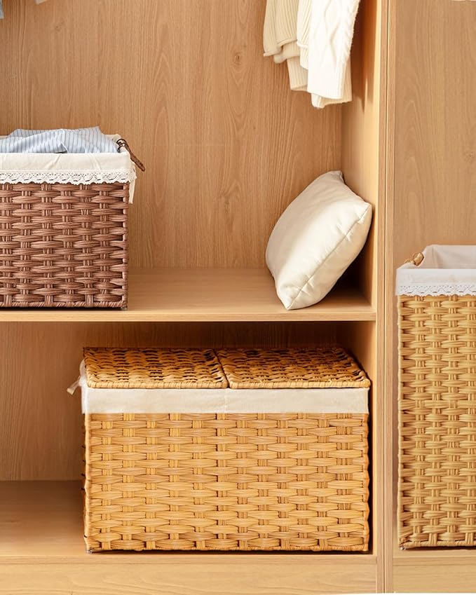 SETVSON Storage Basket with Lid Rattan Storage Basket with 2 Separate Lid, 27.8 Gallon (105 L) 25.2 * 15.4 * 16.1 Inches Woven Wicker Baskets with 2 Liners and Handles for Bedroom Laundry-Natural | 105L Storage Bin with 2 Separate Lids, 2 Removable Lin...