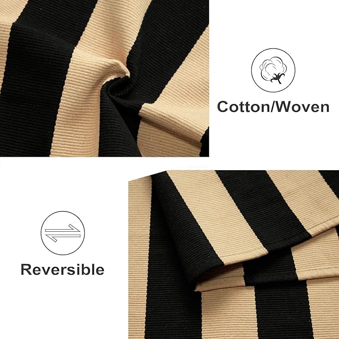3'x5' Outdoor Rug, Black and Tan Washable Striped Porch Rug Cotton Woven Farmhouse Front Door Mats for Porch/Entryway/Home Entrance Decor/Bedroom/Laundry Room/Patio/Front Door
