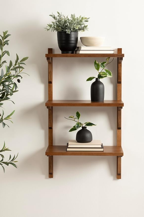 Kate and Laurel Meridien Modern Three-Tier Wooden Shelves, 18 x 9 x 32, Rustic Brown, Stunning Tiered Wall Shelf for Storage and Display as Cute Nursery Shelving or Bedroom Storage