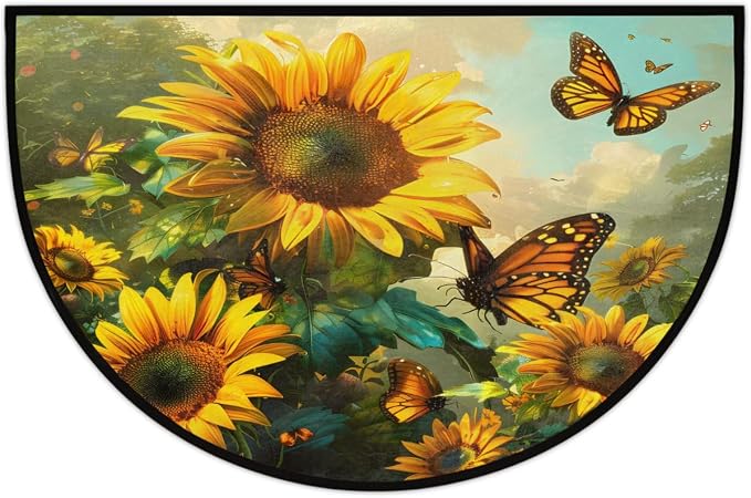 Sunflower Half Round Door Mat Non-Slip Semi Circle Rug Half Moon Doormat | Sunflower Fall Soft Washable Welcome Entrance Mat for Outdoor Indoor Floor Bedroom Bathroom Home Kitchen Festival Decor