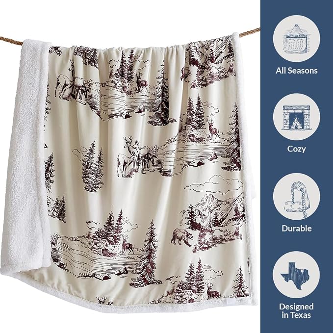 Paseo Road Indigo Hill by HiEnd Accents White Pine 54x68 Throw Blanket | Pine Tree Nature Mountain Print with Bear, Deer, and Elk, Western Cabin Lodge Rustic-Style Fleece Blanket for Camping