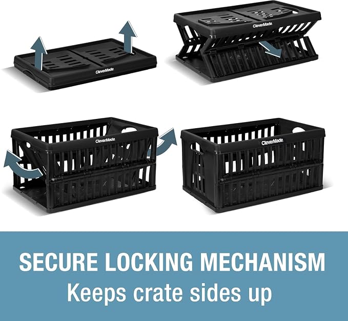 CleverMade Collapsible Utility Crates, 60L, 3 Pack, Obsidian | Each crate carries 66 lb with reinforced base bracing. Stack up to 3 high, then fold to 2.75 inches for shelf storage.