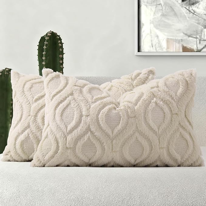 decorUhome Throw Pillow Covers 12x20 Inch Set of 2, Soft Plush Faux Wool Beige Solid Couch Pillow Covers, Accent Farmhouse Neutral Rectangle Pillow Cases for Sofa Bed Living Room