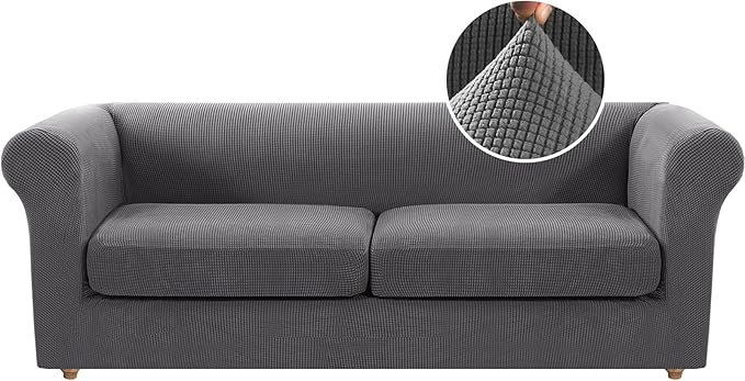H.VERSAILTEX 3 Pieces Stretch Chesterfield Sofa Covers for 2 Cushion Couch Mid Century Deep Seat Slip Covers for Sofas/Couches with Elastic Bottom Thicker Jacquard Fabric(Medium-XL Sofa, Grey)