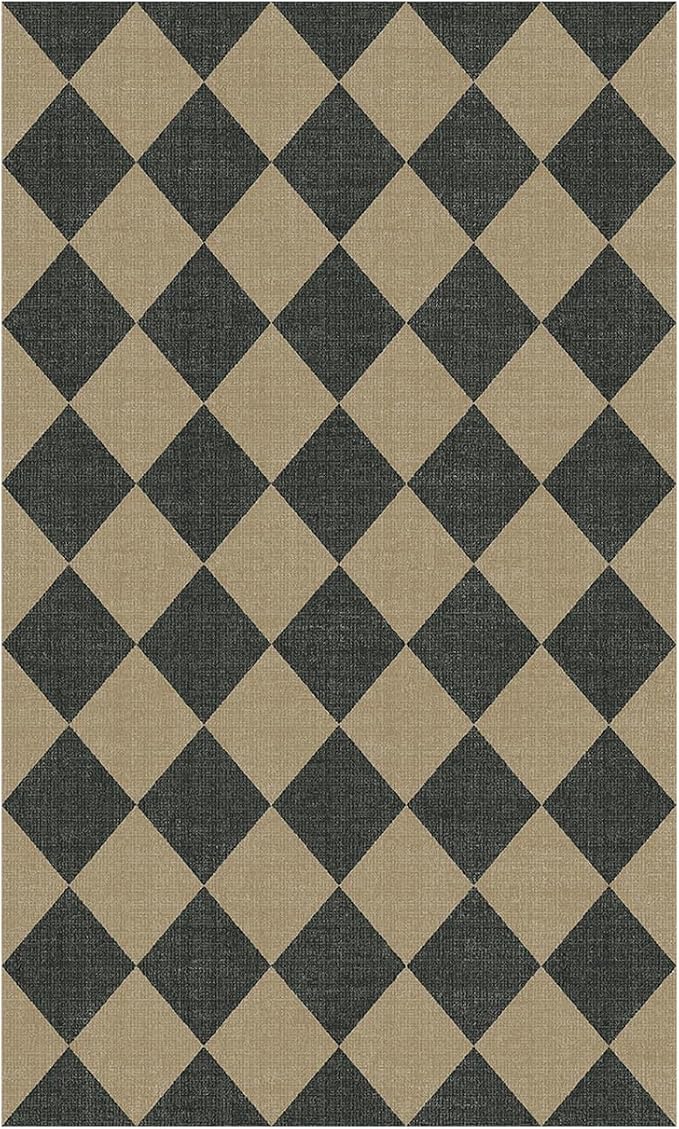 Lessymo Checkered 3x5 Outdoor Patio Rug, Washable Easy Jute for Entryway | Indoor Outdoor Living Room Carpet, Farmhouse Non Slip Door Mat for Backyard Bedroom, Stain Resistant, Diamond Black/Beige