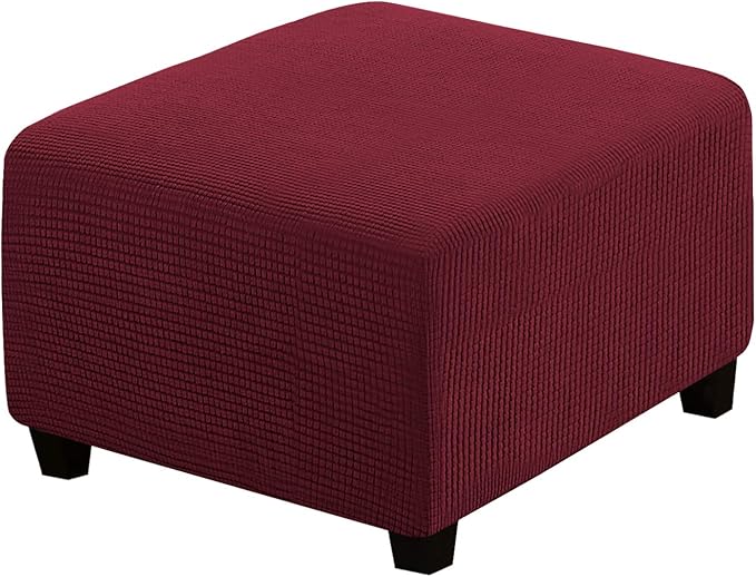 H.VERSAILTEX Square Ottoman Covers Ottoman Slipcovers Folding Storage Stool Furniture Protector Form Fit with Elastic Bottom, Stretch High Spandex Small Checks Jacquard Fabric(Large,Burgundy Red)