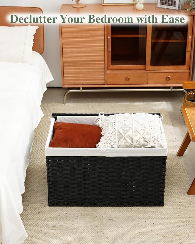 SETVSON Storage Basket with Lid Wicker Baskets for Storage with 2 Separate Lid 42.3 Gallon (160 L) 29.9 x 17.3 x 18.1 Inches Rattan Woven Large Wicker Basket with 2 Liners for Bedroom Laundry Black