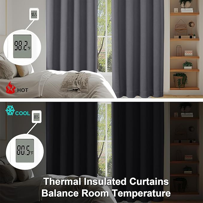 Simplebrand Ava Grey Blackout Curtains for Bedroom 90 Inches Long 2 Panels Set, Solid Privacy Energy Saving Living Room Window Treatment Curtains Blackout Drapes, W50 x L90 Inch, Grey