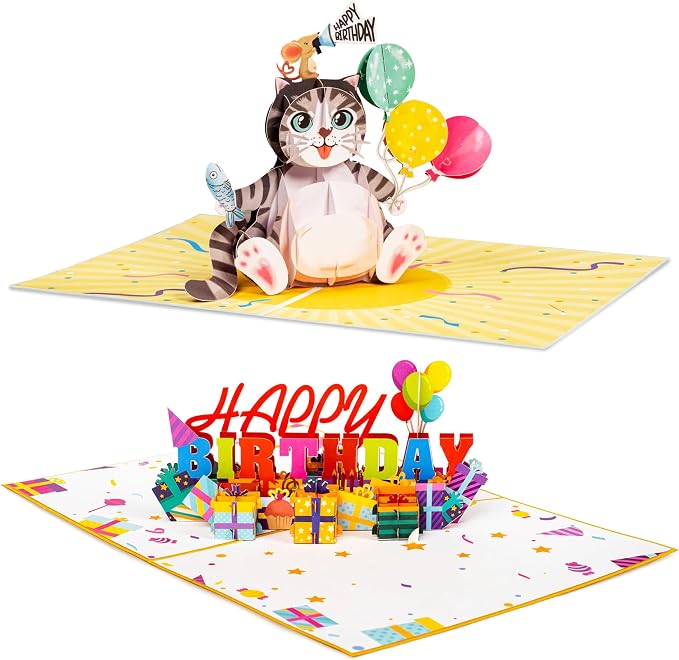 Paper Love Birthday Pop Up Cards 2 Pack - Includes 1 Happy Birthday Cat and 1 Happy Birthday, For Adults or Kids -5" x 7" Cover - Includes Envelope and Note Tag