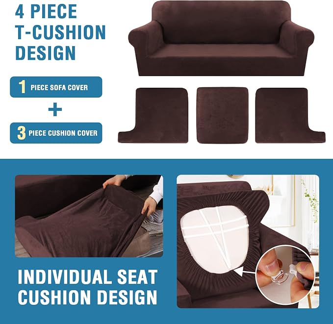 H.VERSAILTEX Sofa Cover 4 Piece T Cushion Sofa Slipcovers Thick Velvet Couch Cover Furniture Protector Stretch T Cushion Sofa Covers for 3 Cushion Couch with 3 Individual T Cushion Covers, Brown