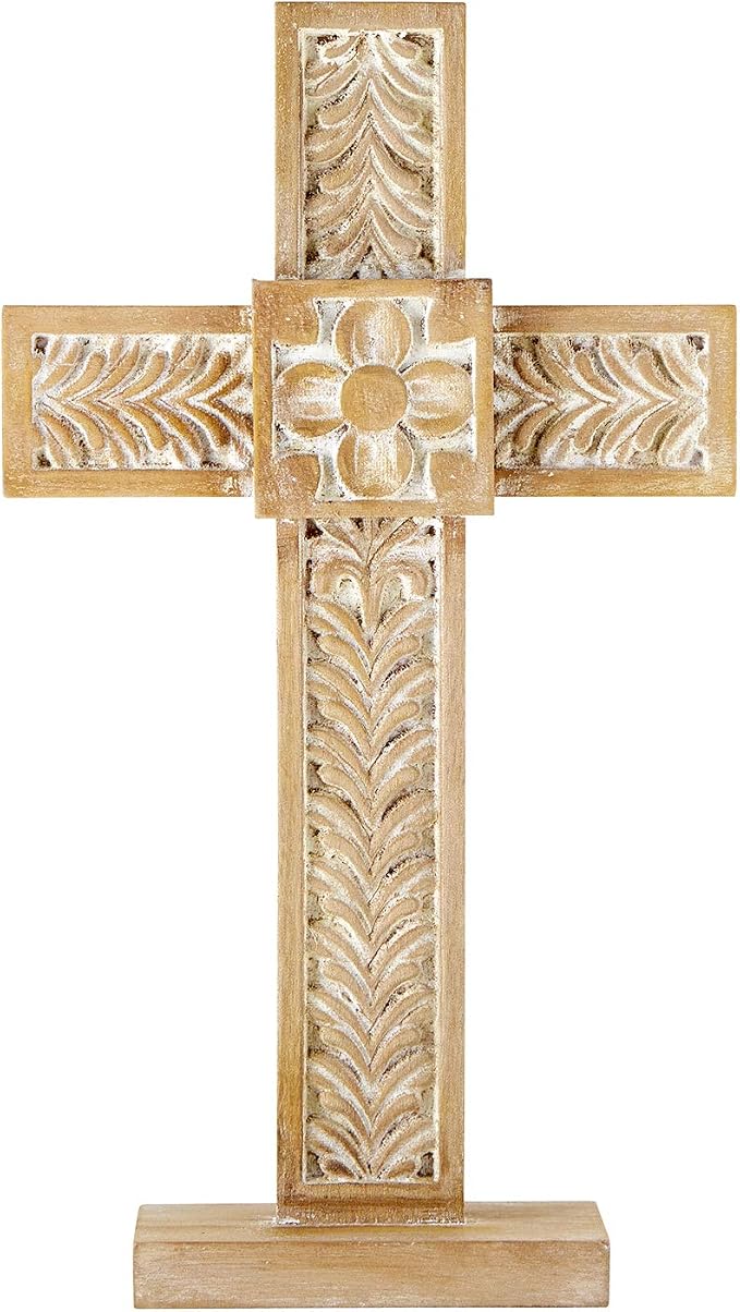 Creative Brands Faithworks - Whitewashed Wood Cross, 8 x 14-Inch, Carved Floral - Standing