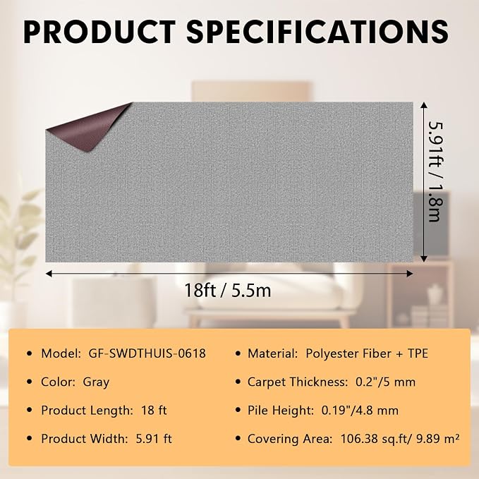 Grefinity Marine Carpet,6 FT x 14 FT Gray Indoor Outdoor Carpet 0.2" Thick Boat Rug with Water-Proof TPE Backing for Home, Patio, Porch, Deck