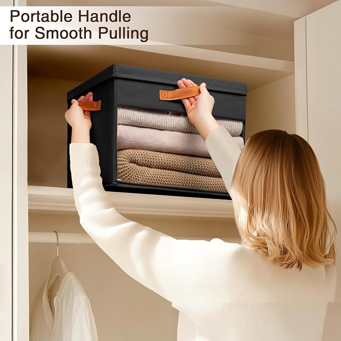 Homsorout Large Storage Bins with Lids - 3 Pack Foldable Decorative Organizers with Clear Windows & Handles, Cube Storage Organizers for Clothes, Blankets, Sweaters, Sheets, Black