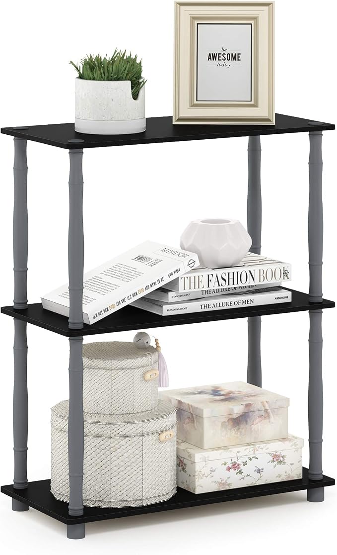 Furinno Turn-N-Tube 3-Tier Compact Multipurpose Shelf Display Rack with Classic Tube, Black/Grey | Open Frame Corner Shelf, for Organization and Storage, Living Room, Garage, Home Office
