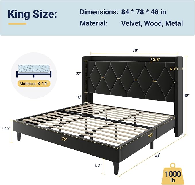 Allewie King Size Bed Frame with Storage Headboard & Charging Station | Diamond Tufted Design & Gold Trim, Velvet Upholstered Platform Bed, No Box Spring Needed, Easy Assembly, Noise-Free, Black