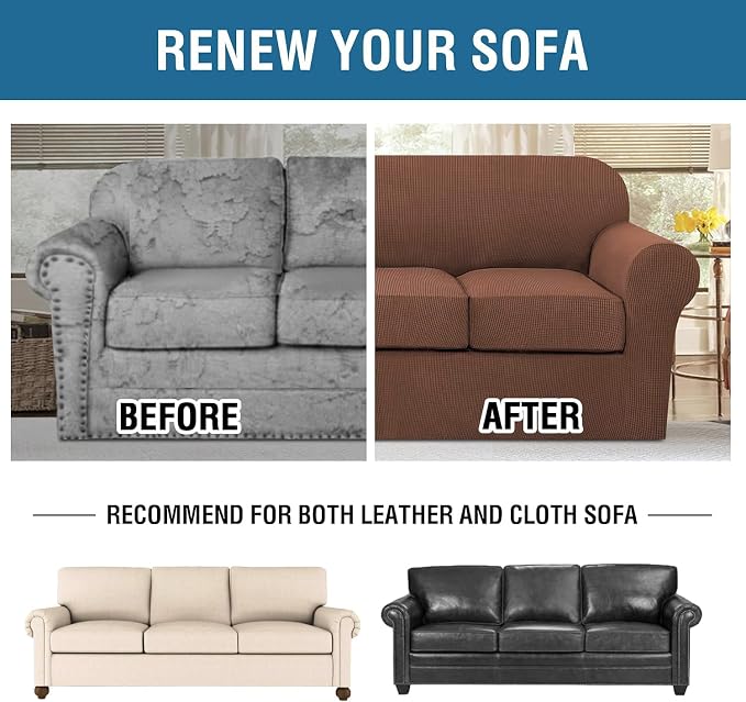 H.VERSAILTEX 4 Piece Stretch Sofa Covers for 3 Cushion Couch Covers for Living Room Furniture Slipcovers (Base Cover Plus 3 Seat Cushion Covers) Upgraded Thicker Jacquard Fabric (XL Sofa, Caramel)