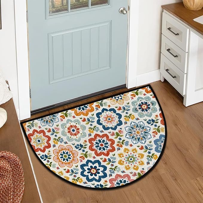 Bohemian Half Round Door Mat Outdoor Doormat Bedroom Entrance Rug A2 | Bohemian Flower Floral Semi Moon Door Mat Non-Slip Absorbent Kitchen Rug Indoor Welcome Bath Mat 36" X 24"