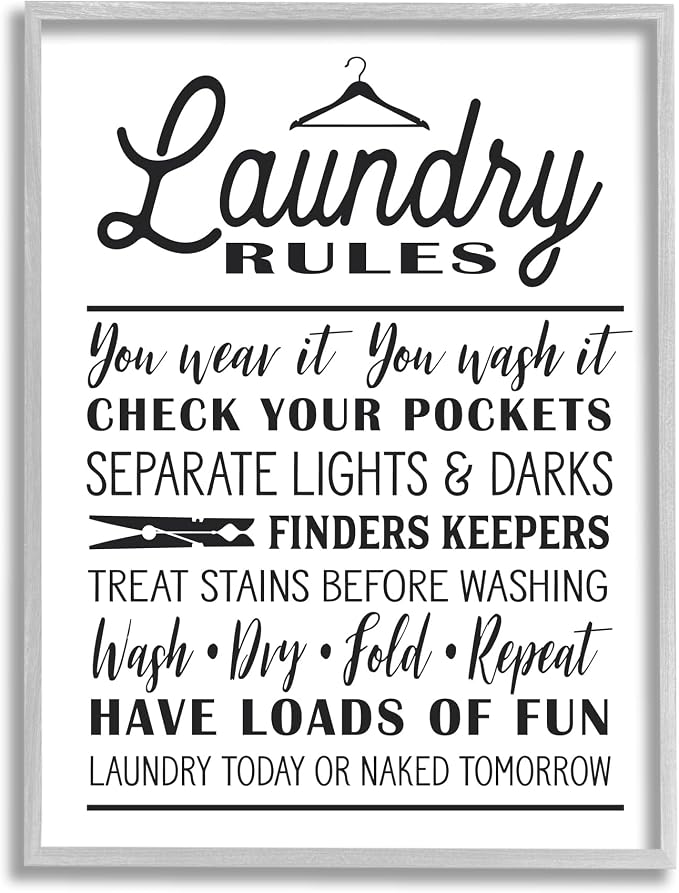 Stupell Industries 'Laundry Rules with Hanger Typography', Framed Giclee Art, Gray, 16 x 20 Inches, Easy to Hang and Sturdy, Made in USA, by Lettered and Lined