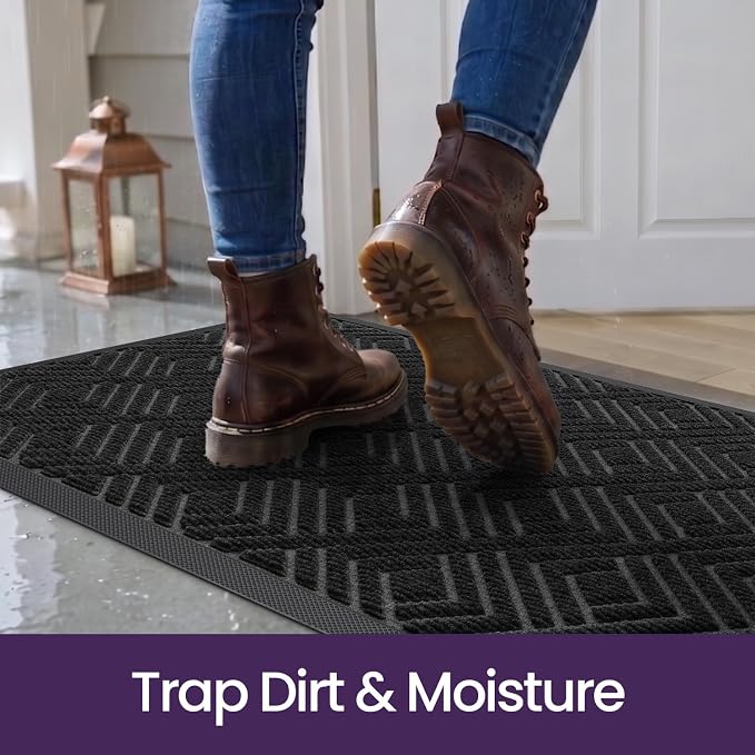 DEXI Front Door Mat Outside Entrance, 2x3 Heavy Duty Entry Doormat Dirt Trapper with Rubber Back, Non Slip Low Profile Floor Mats for Entryway Exterior Patio, Checkered Black