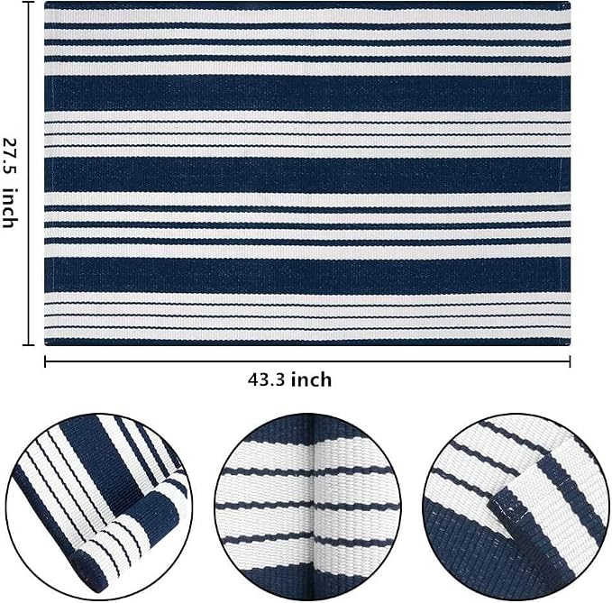 BUAGETUP Blue and White Layered Doormat,27.5x43.3inch Striped Outdoor Rug Hand Woven Cotton Indoor Outdoor Rug for Porch Layered