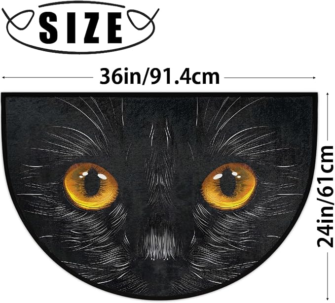 Black Cat Half Round Door Mat Non Slip Half Circle Rugs | Cat Eyes Black Washable Half Moon Rug Semi Circle Rugs Indoor Entrance Floor Carpet for Kithen Bedroom Fireplace Decor