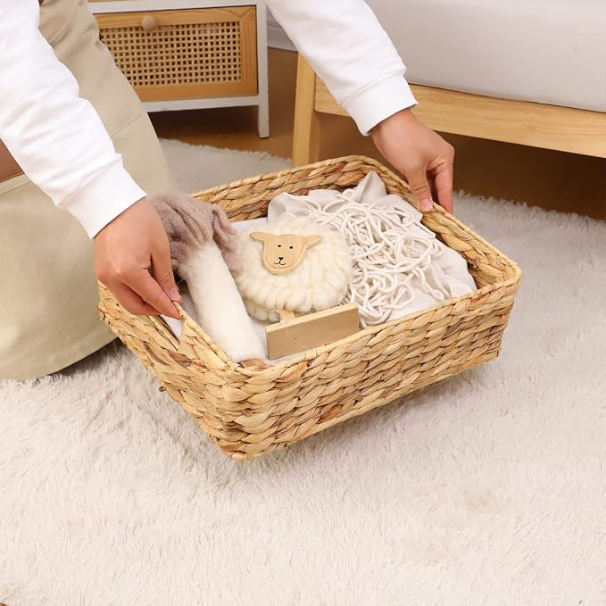YAHUAN Water Hyacinth Storage Basket, Handwoven, 15.35L x 12W x 4.72H in, Brown | Shallow Drawer Basket With Handle Wicker basket for Shelf