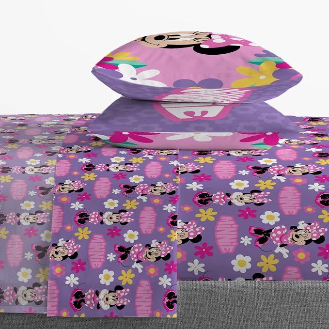 Jay Franco Kids Sheet Set with Fitted, Flat Sheets & Pillow Cover - Ultra-Soft Bedding with Pillowcase for Room Decor, Purple - Minnie Mouse, 4 Piece Queen