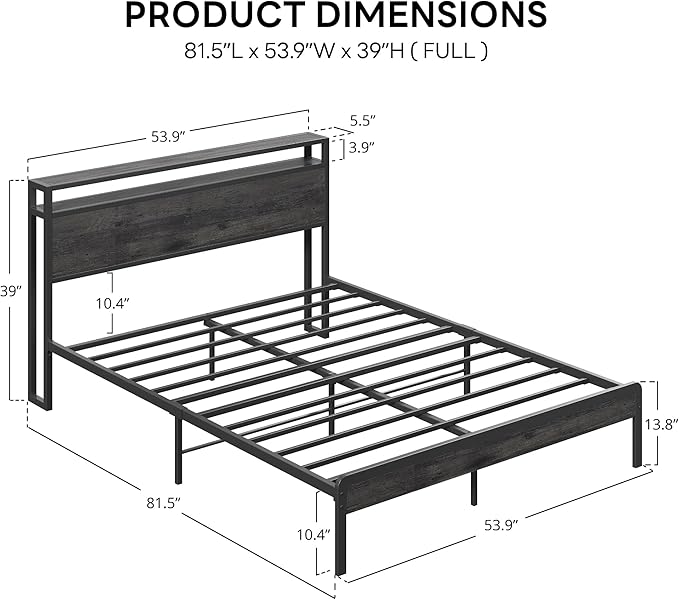LIKIMIO Full Size Bed Frame with 2-Tier Storage Shelf Headboard | Dark Wood Platform Bed, Camas Full with Strong Metal Supports, Sturdy, Noise-Free, No Box Spring Needed, Grey