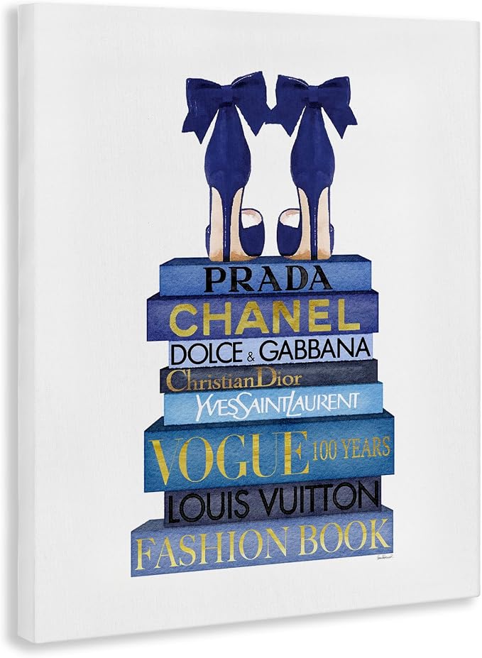 'Blue Bow Heels on Bookstack'| Canvas Art | Stupell Industries | 24 x 30 Inches, Easy to Hang and Sturdy, Made in USA, by Amanda Greenwood