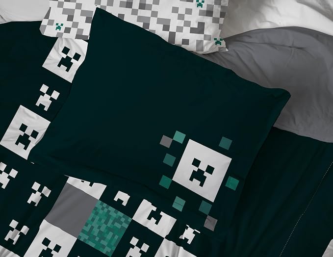 Minecraft Creeper Queen Comforter Set 7 Piece Video Game Bedding, Green | Zombie Enderman, Comforter Sheets Shams Pillowcases, Official Product, Soft Microfiber, Machine Washable, Kids Gift