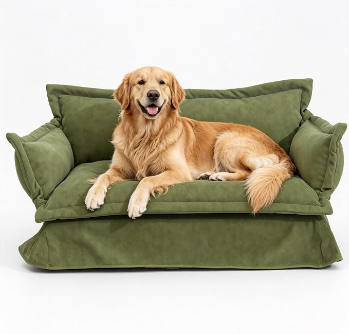 2-in-1 Human & Pet Dog Sofa, Solid Pine Wood Frame with Supportive Foam, Indoor Modern Pet Furniture(Green)