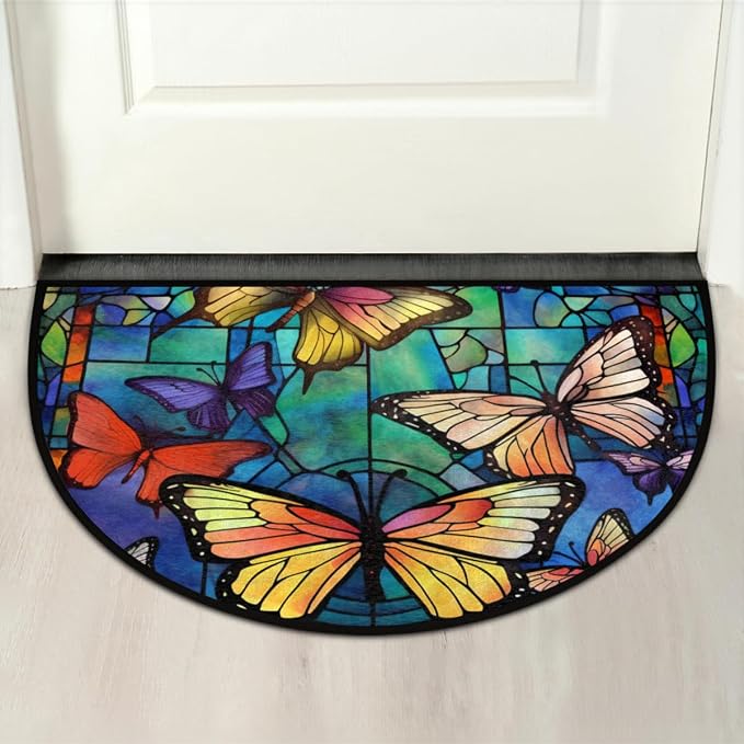Half Round Door Mat Butterflies Portuguese Intdoor Entrance 36x24 Inch, Non-Slip Welcome Mat for Outdoor Semi Circle Bathroom Floor Rugs,House Entry Way Heavy Duty Doormat for Kitchen Living Room