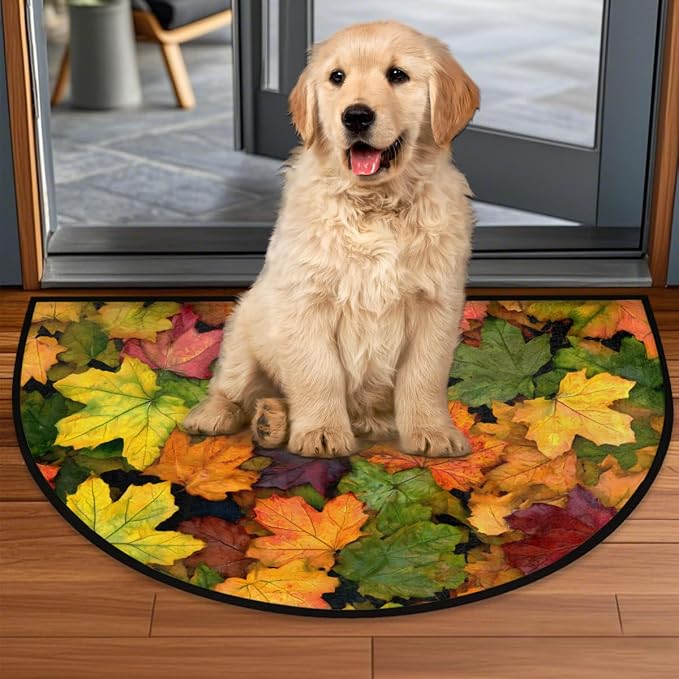 Autumn Fall Half Round Door Mat Welcome Entrance Mat Bath Bathroom Rug | Autumn Fall Maple Leaves Welcome Entrance Mat Anti-Slip Half Moon Bath Mat Semi Circle Rug Indoor Outdoor Kitchen Rug