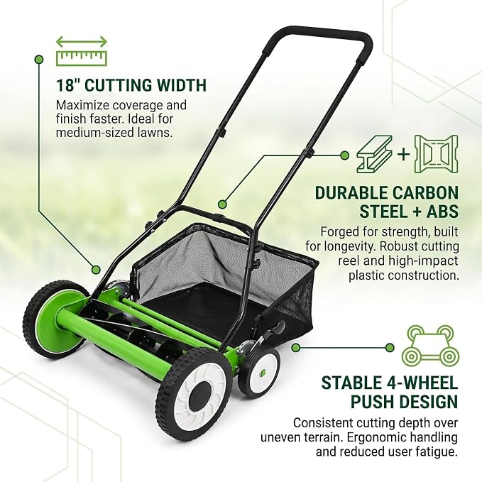 18-Inch Push Reel Lawn Mower, 5-Blade Manual Grass Cutter for Yard Care