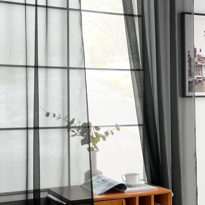youleyar Solid Sheer Rod Pocket Curtain Voile Draperies 2 Panels White Beige Black Grey Coffee 70 Inch Width 72 Inch Long 1 Pair for Kitchen Bedroom Children Living Room Yard(Black,70Wｘ72L)