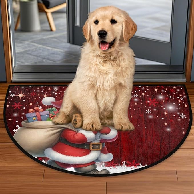 Santa Claus Half Round Door Mat Semi Moon Rug Fireplace Carpet Area Rugs | Christmas Santa Claus Non Slip Absorbent Half Circle Mat Carpet for Indoor Outdoor Patio Kitchen Bathroom Entryway Home Decor