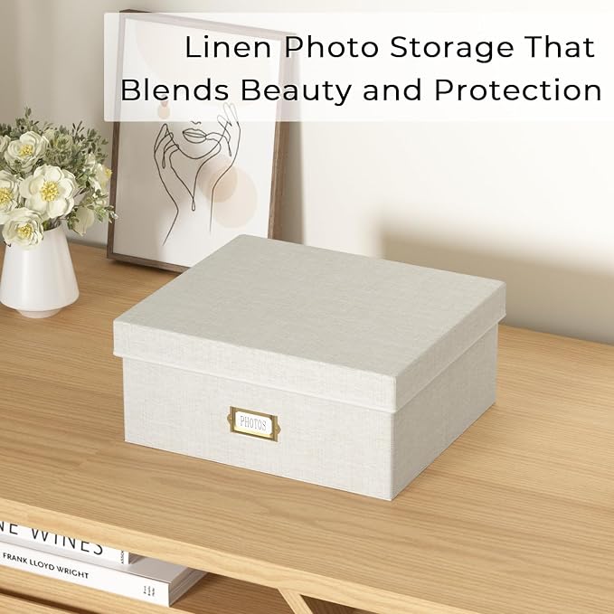 Decorative Photo Storage Box, Linen Photo Box Holds 1700 4x6 Pictures Beige | Photo Storage Containers with 8 Dividers, Memory Keepsake Organizer for Photos, Scrapbook Supplies, Cards, Stamps,Archive Box