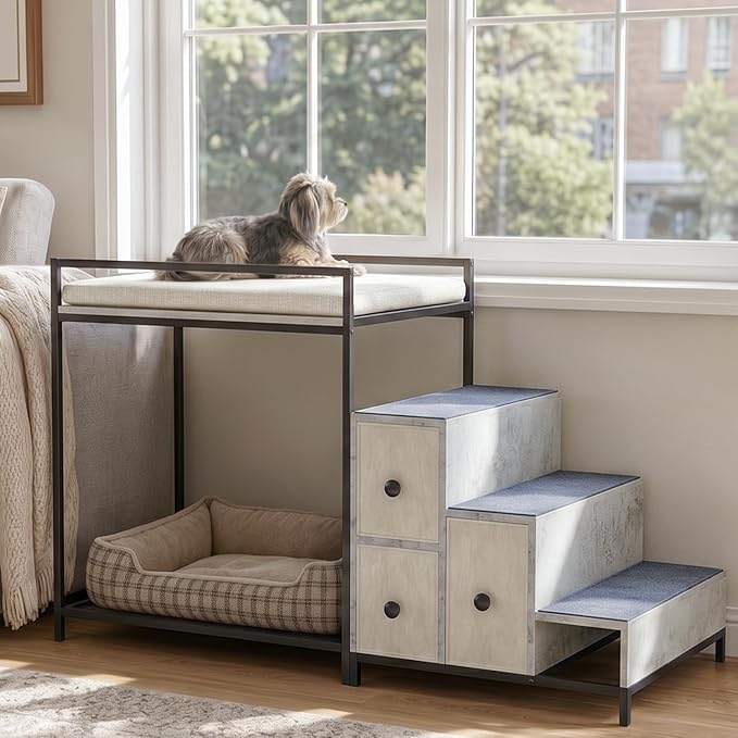 LEMBERI Pet Bunk Bed with Stairs and Storage, Dogs/Cats Window Perch, Bedside Lounge Elevated Dog Bed Multi-Level Platform with Foam Upholstery (Gray)