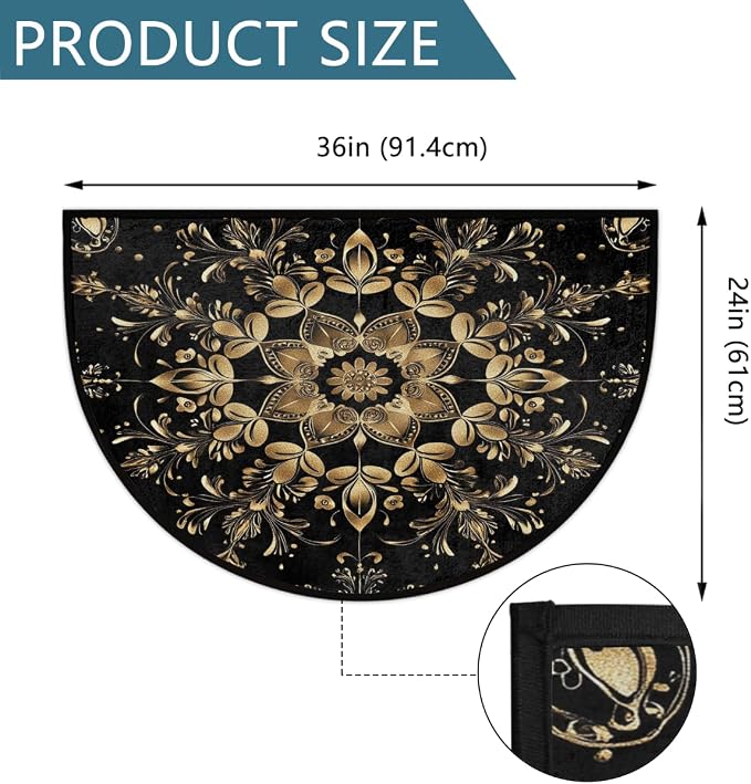 Black Gold Half Round Doormat Semi Circle Rug Half Moon Rug Entryway Mat | Flower Boho Washable Non Slip Outdoor Floor Rug Kitchen Mat for Indoor Outdoor Bathroom Fireplace Bath Decor