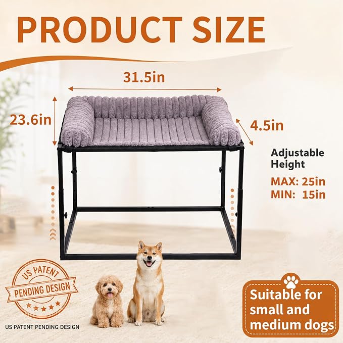Adjustable Bedside Dog Bed for Medium Dogs, Elevated Co-Sleeper Dog Bed with Reinforced Metal Frame, Thick Supportive Cushion Mattress & Washable Cover, Dog Bedside Sleeper for Dogs & Cats