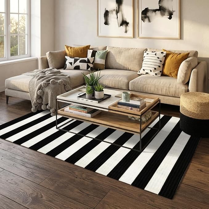 LEEVAN Outdoor Rug 5x8 Black and White Patio Decor, Cotton Washable Indoor Outdoor Doormat, Farmhouse Woven Porch Front Door Mat Reversible Foldable Rug Layered Door Mat for Porch/Front Door/Entrance