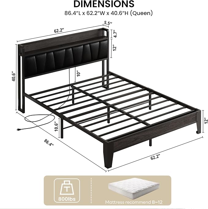LIKIMIO Queen Bed Frames, PU Leather Storage Headboard with Charging Station, Solid and Stable, Noise Free, No Box Spring Needed, Easy Assembly, Black