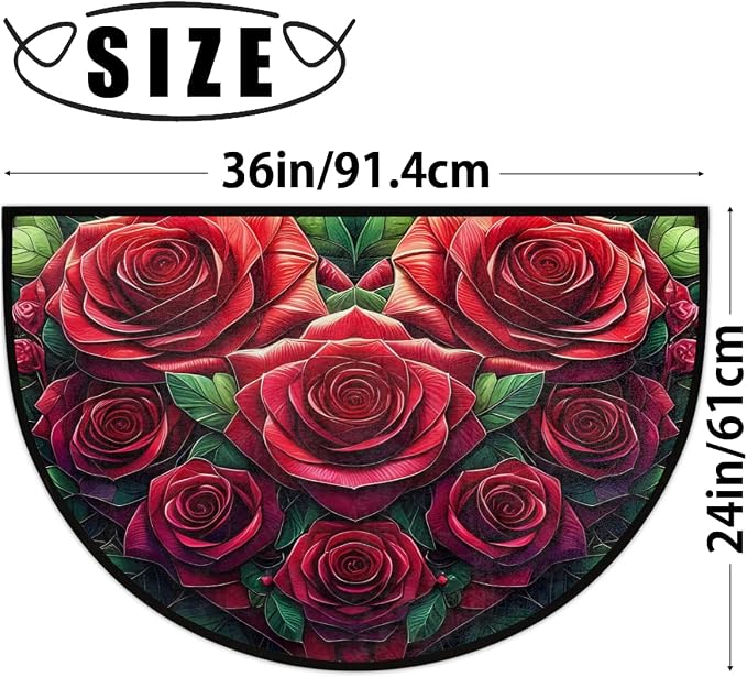 cfpolar Half Round Door Mat Flower Red Rose Non-Slip Semi Circle Area Rug Washable Half Moon Hearth Rugs for Indoor Outdoor Bathroom Kitchen Patio Runner Mat Laundry Room Home Decoration
