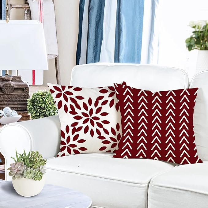 YCOLL Christmas Pillow Covers 22x22 Set of 4, Modern Sofa Throw Pillow Cover for Christmas Decor, Decorative Outdoor Linen Fabric Pillow Case for Couch Bed Car, Wine Red