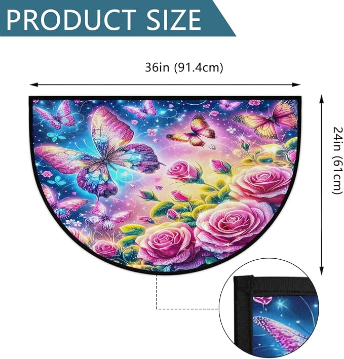 Rose Half Round Door Mat Semi Circle Rug Half Moon Doormat | Soft Washable Colorful Butterfly Welcome Entrance Mat for Outdoor Indoor Floor Bedroom Bathroom Home Kitchen Festival Decor
