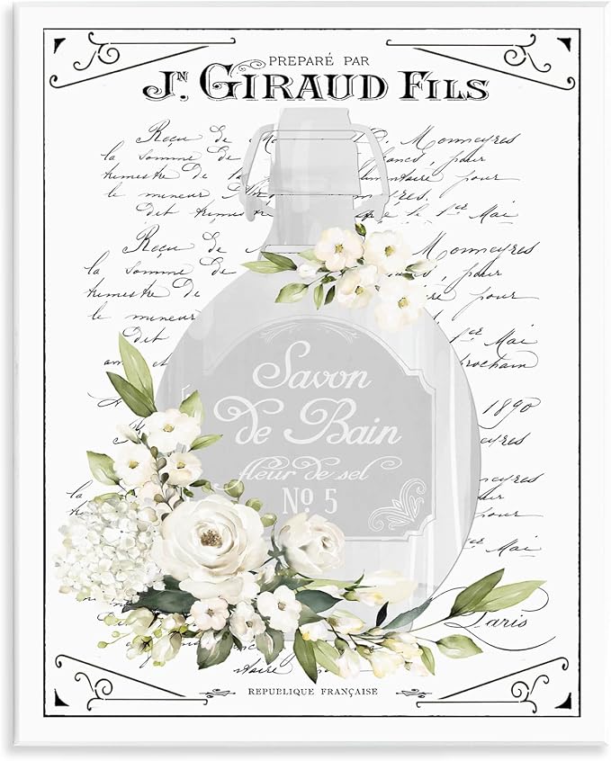 French White Bath Soap Floral, 11 x 14 Inch Mounted Print on Wall Plaque | Stupell Industries · By Lettered and Lined · Ready to hang · Elegant bath and laundry decor · Made in USA